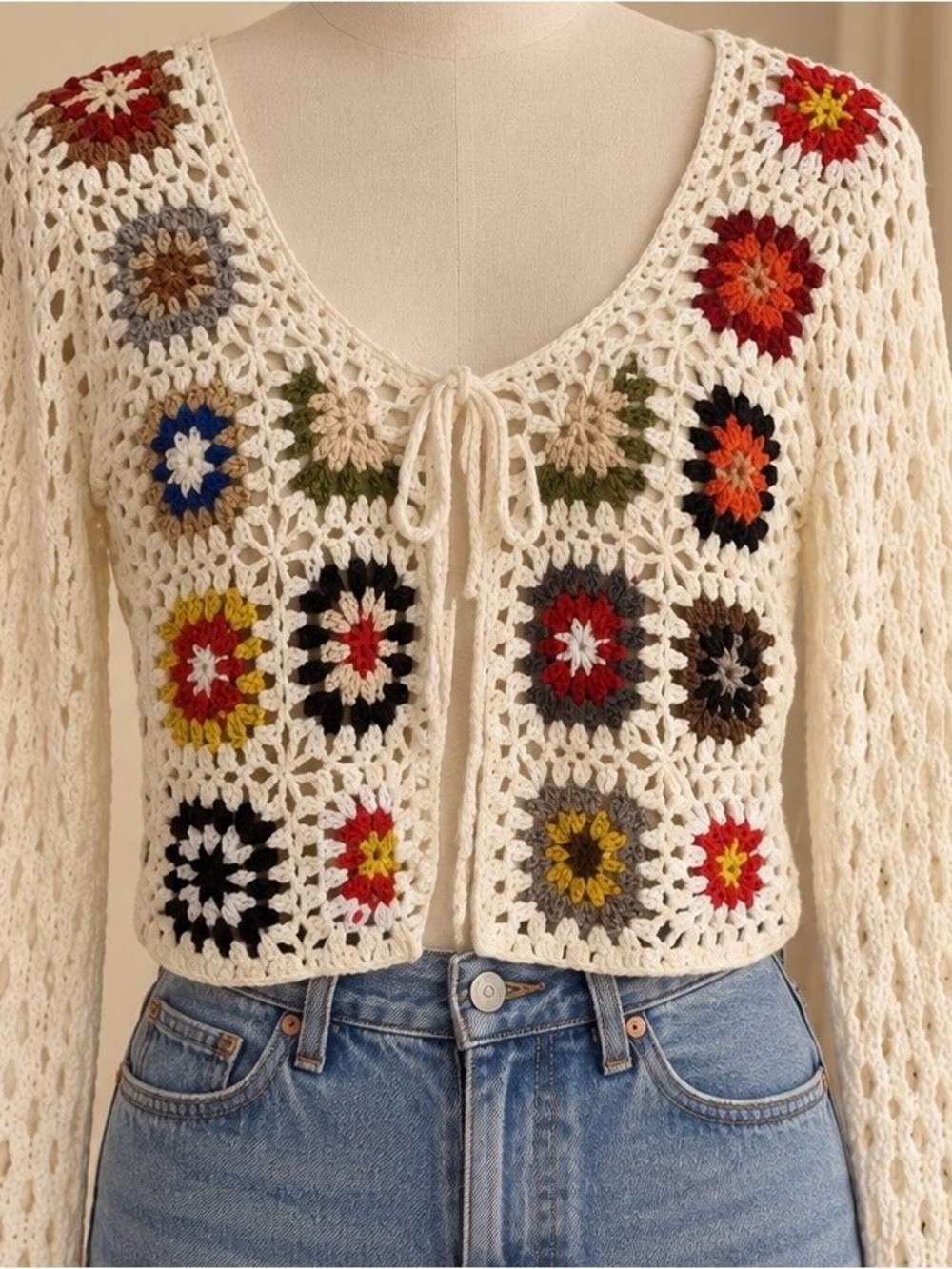 debut Cream Crochet Tie-Front Cardigan with Multicolor Floral Squares Size S